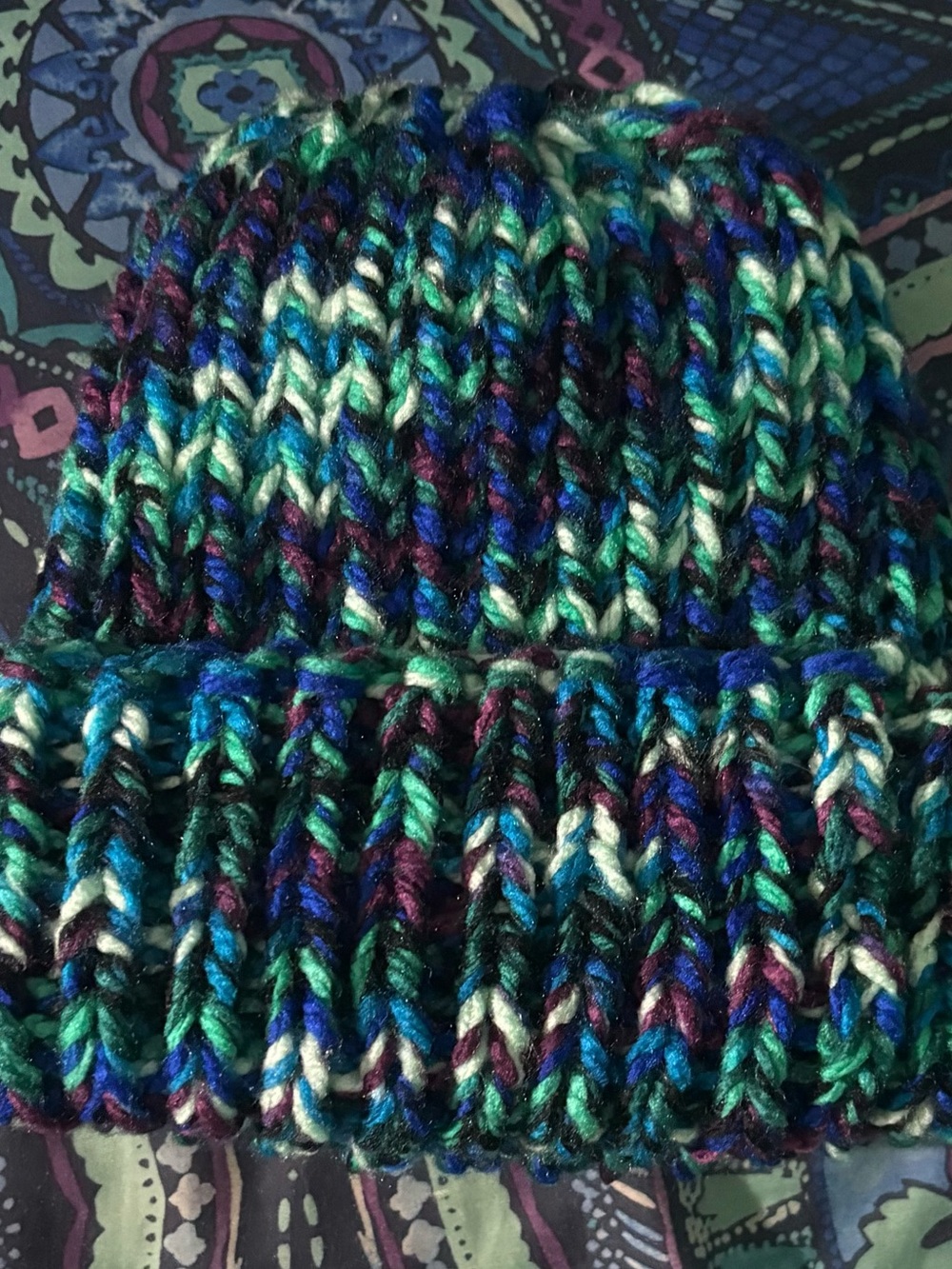 Chunky Multicolor Knit Beanie - Teal, Blue & Purple